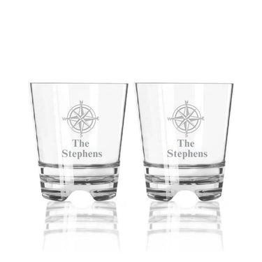 Set of two personalized old fashioned acrylic cocktail glasses with compass design – custom unbreakable tumblers for coastal barware or summer gifts